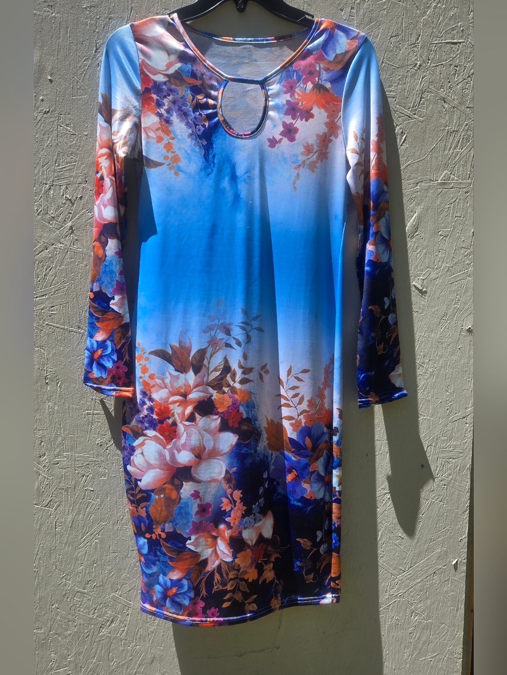 Floral Gradient Blue Long Sleeve Dress